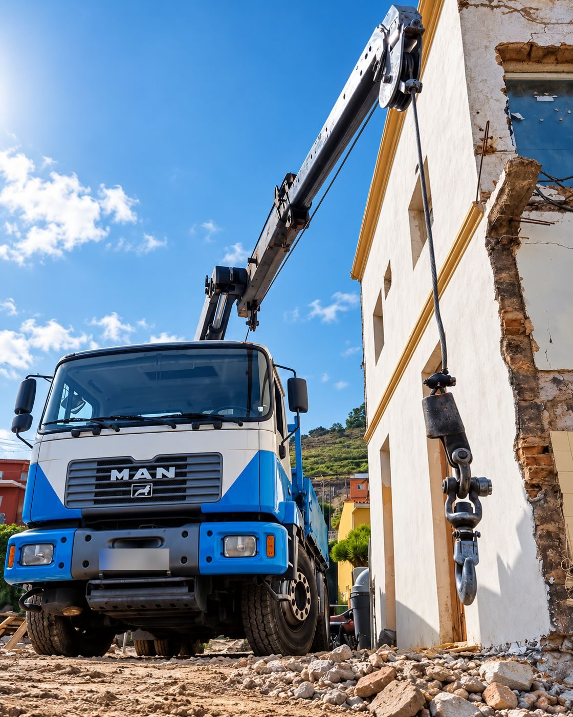 Grúa autoportante trabajando junto a una fachada en obra
